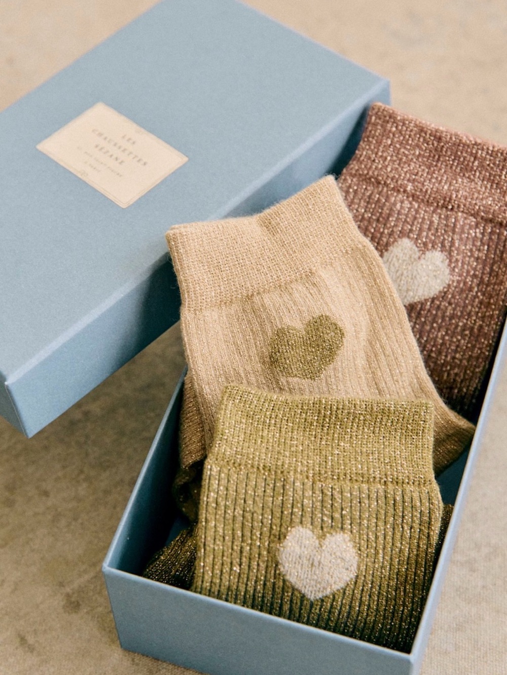 NWT Sezane Ribbed Crew Socks with Heart Motif - Olive, Beige, Brown - Women’s ✨